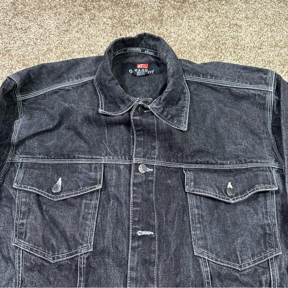 Vintage Godbody Black Denim Jacket Men’s Size XL Button Up Streetwear Hip Hop - Picture 3 of 13